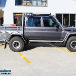 Right side view of a Grey Toyota 79 Series Landcruiser Dual Cab before fitment of a range of Suspension Components and 4x4 Accessories